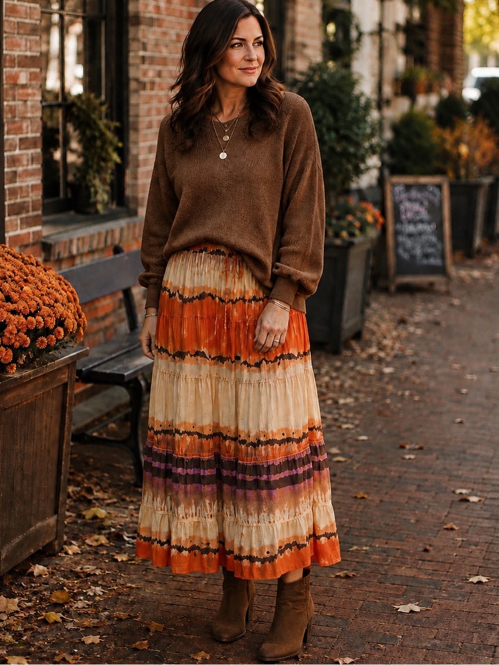 Easel NWT Boho Tiered Maxi Skirt Orange Brown Purple Size M